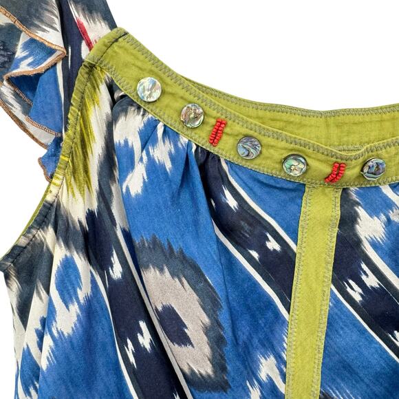 Burning Torch Colorful Ikat Print Embellished Square Neck 100% Silk Dress - Picture 6 of 11